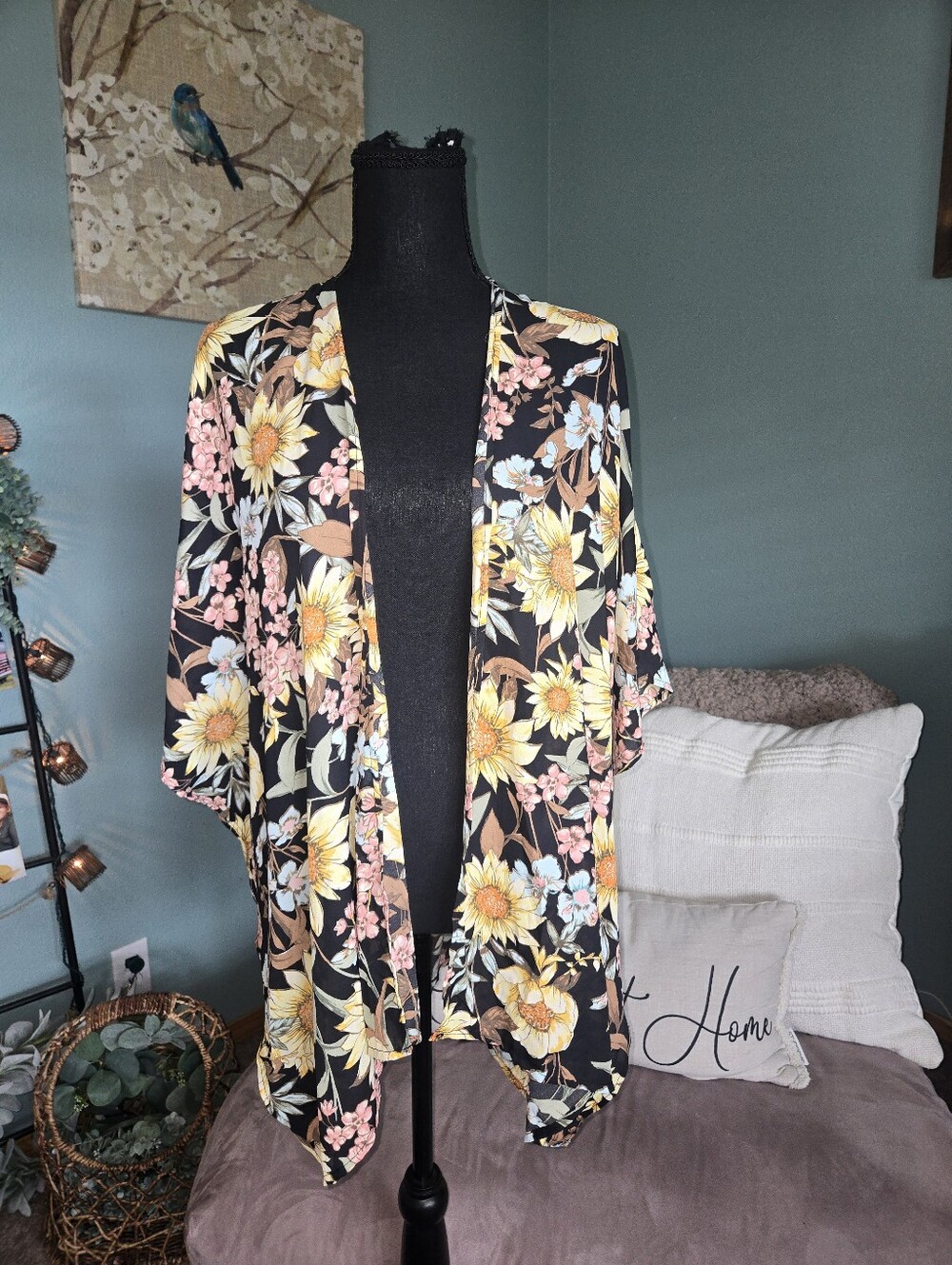 NWT Maurices Black Floral Kimono with Yellow & Pink Flowers